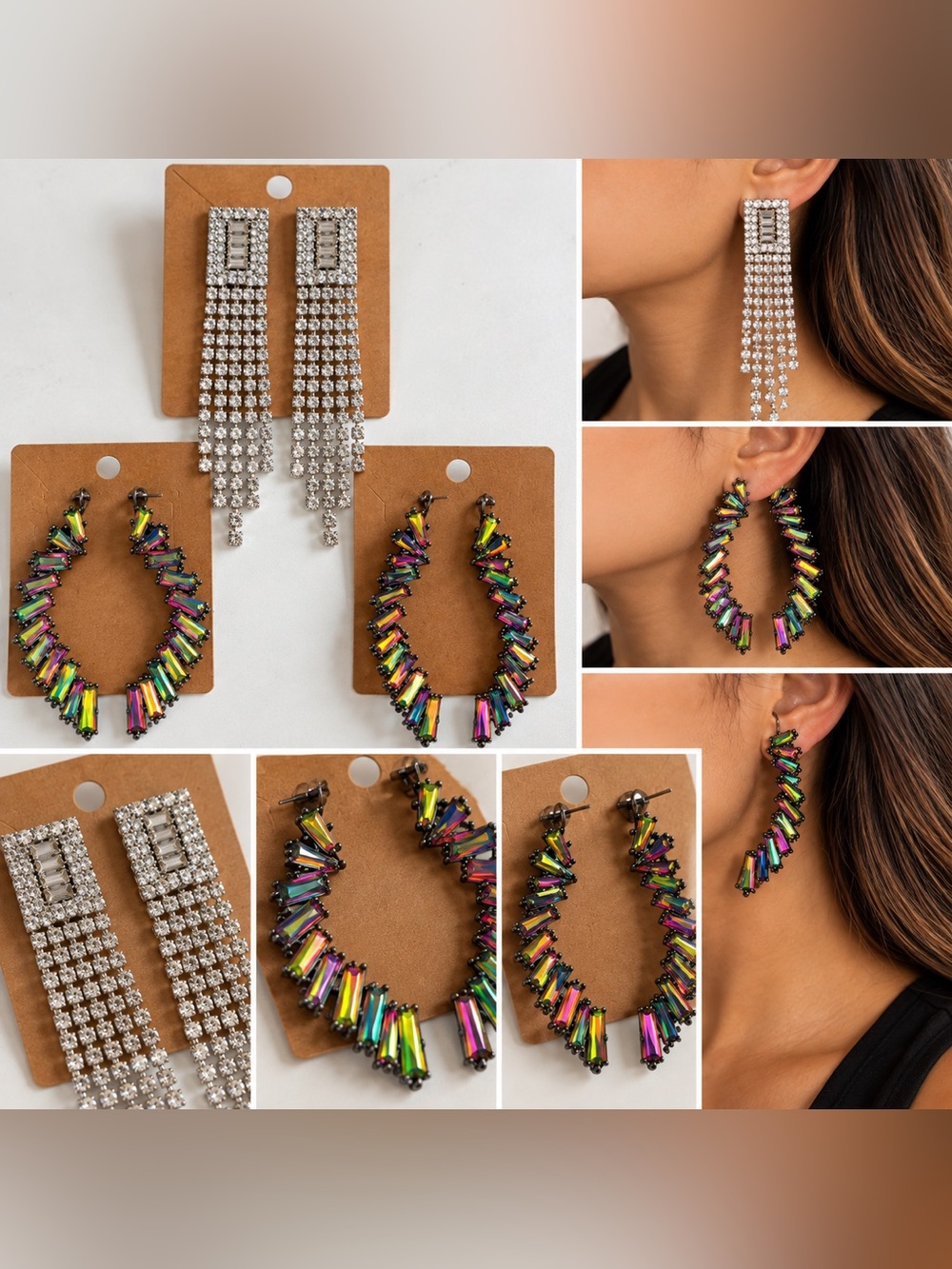 (#20) 3 Pairs Statement Earrings Rhinestone Chandelier Multicolor Iridescent